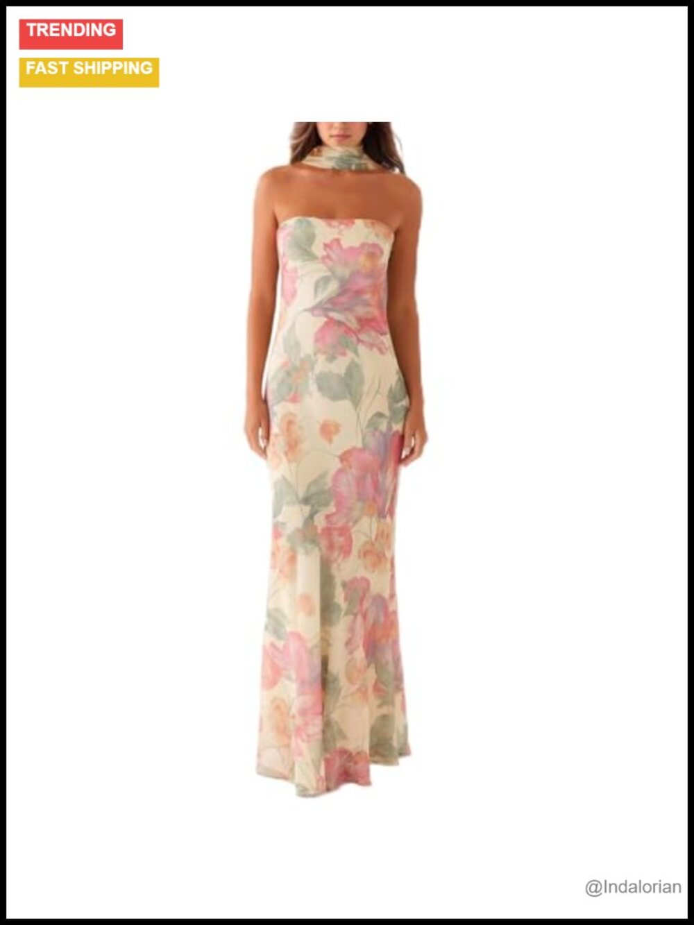 Women Floral Strapless Maxi Bodycon Dress Mesh Layer Cocktail Party